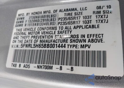 2011 Honda Odyssey Ex-L z USA, uszkodzony, nr VIN 5FNRL5H65BB001444